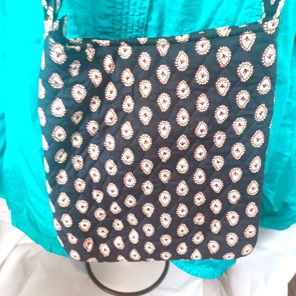 Boho Chic Black & White Cotton Crossbody Bag With Red Accents Zipper Pocket Adju - Picture 6 of 7